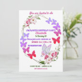 Pink Flora Lila Schmetterlinge Kinderparty Einladung (Stehend Vorderseite)