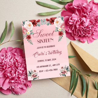 Pink Floral 16 . Geburtstag Elegante Geburtstagspa Einladung