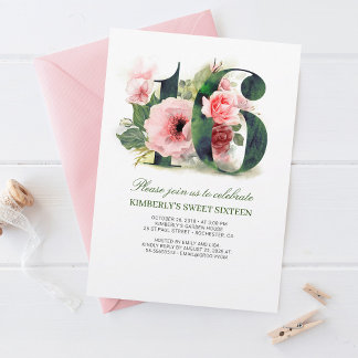 Pink Floral 16 | Sweet Sixteen Birthday Party Einladung