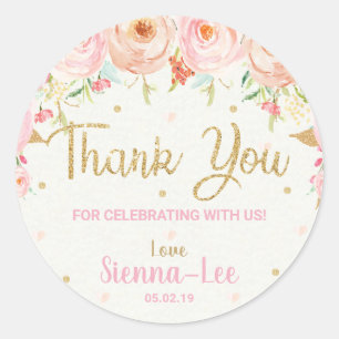 Pink Floral 1. Geburtstag Baby Dusche Vielen Dank Runder Aufkleber