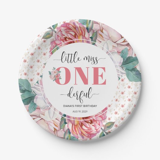 Pink Floral 1st Birthday Pappteller (Vorderseite)