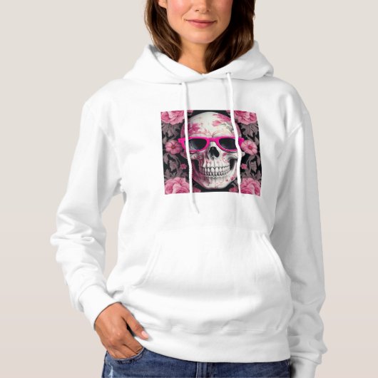 Pink Floral 3D Toter Schädel mit Sonnenbrille Hoodie (Vorderseite)