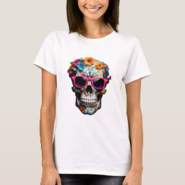 Pink Floral 3D Toter Schädel mit Sonnenbrille T-Shirt