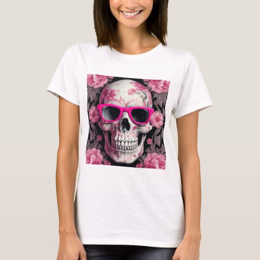 Pink Floral 3D Toter Schädel mit Sonnenbrille T-Shirt (Vorderseite)