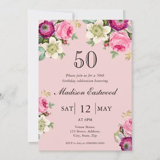 Pink Floral 50. Geburtstag Einladung (Vorderseite)