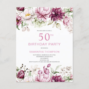 Pink Floral 50. Geburtstag Einladung Postkarte