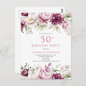 Pink Floral 50. Geburtstag Einladung Postkarte (Vorne/Hinten)