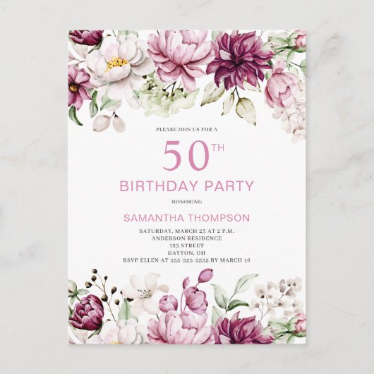 Pink Floral 50. Geburtstag Einladung Postkarte (Vorderseite)