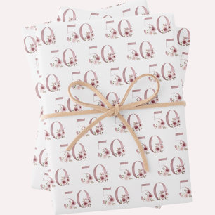 Pink Floral 50. Geburtstag Geschenkpapier Set