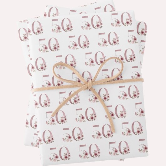 Pink Floral 50. Geburtstag Geschenkpapier Set