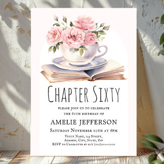 Pink Floral 60. Buch Thema Geburtstag Einladung