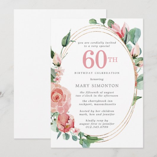 Pink Floral 60. Geburtstagsparty Einladung (Vorne/Hinten)