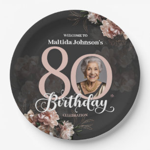 Pink Floral 80. Geburtstag Pappteller