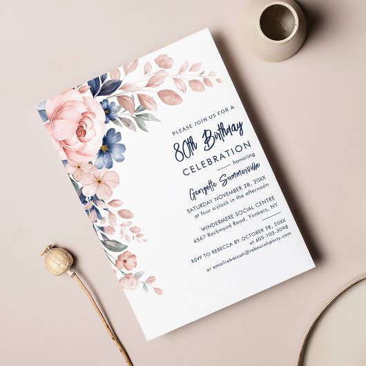Pink Floral 80. Geburtstag Party Script Einladung