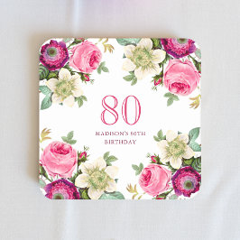 Pink Floral 80. Geburtstag Rechteckiger Pappuntersetzer