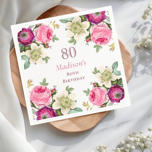 Pink Floral 80. Geburtstag Serviette