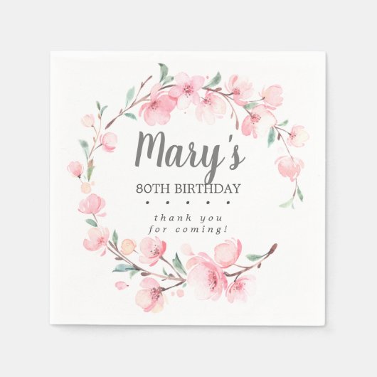 Pink Floral 80. Geburtstag Vielen Dank Serviette (Vorderseite)