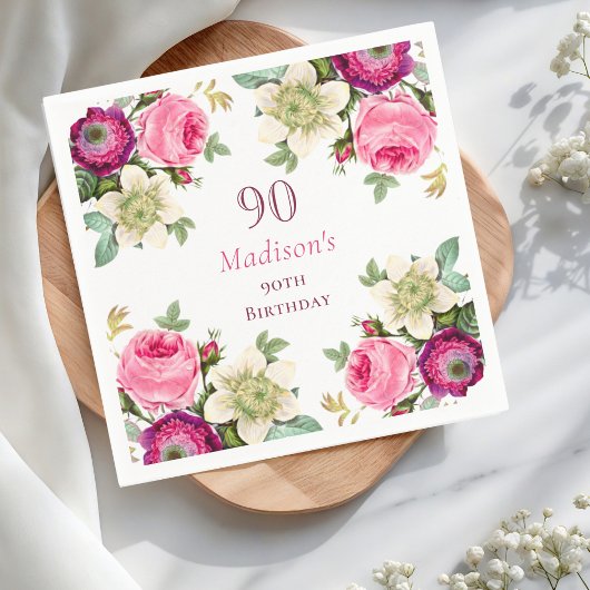 Pink Floral 90. Geburtstag Serviette