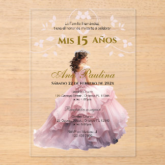 Pink Floral Acrylic Quinceañera Spanische Einladun Acryleinladungen