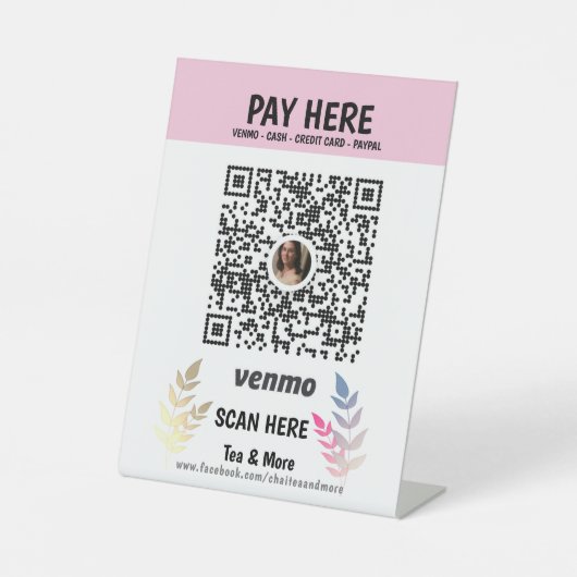 Pink floral Add QR Code Venmo Bezahlung hier Sockelschild (Vorderseite)