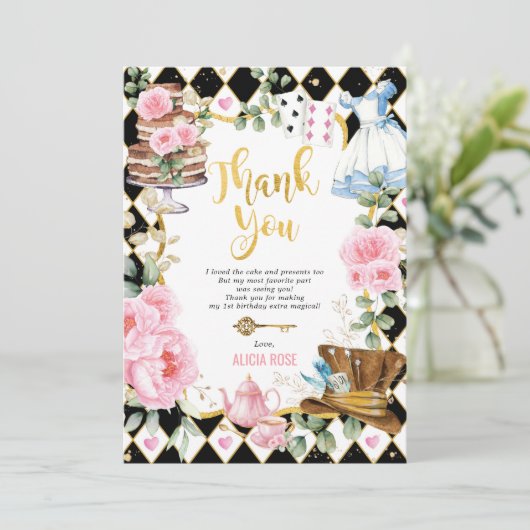 Pink Floral Alice im Wunderland Danke Karte (Stehend Vorderseite)