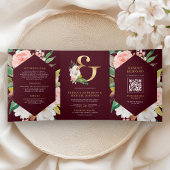 Pink Floral Ampersand Burgundy QR Code Wedding Dreifach Gefaltete Einladung