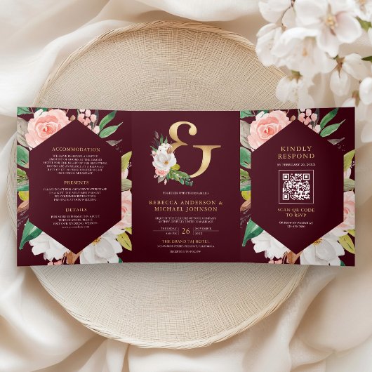 Pink Floral Ampersand Burgundy QR Code Wedding Dreifach Gefaltete Einladung