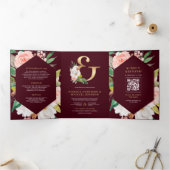 Pink Floral Ampersand Burgundy QR Code Wedding Dreifach Gefaltete Einladung (Innenseite)