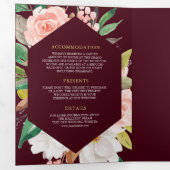 Pink Floral Ampersand Burgundy QR Code Wedding Dreifach Gefaltete Einladung (Innen Erste Seite)