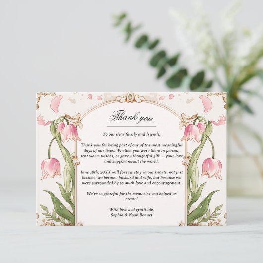 Pink Floral and Greenerity Wedding Danke Karte (Stehend Vorderseite)
