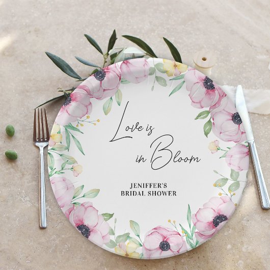 Pink Floral Anemone Liebe ist im Bloom Brautparty Pappteller