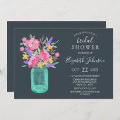 Pink Floral Aquamarin Mason Jar Rustikales Brautpa Einladung (Vorne/Hinten)