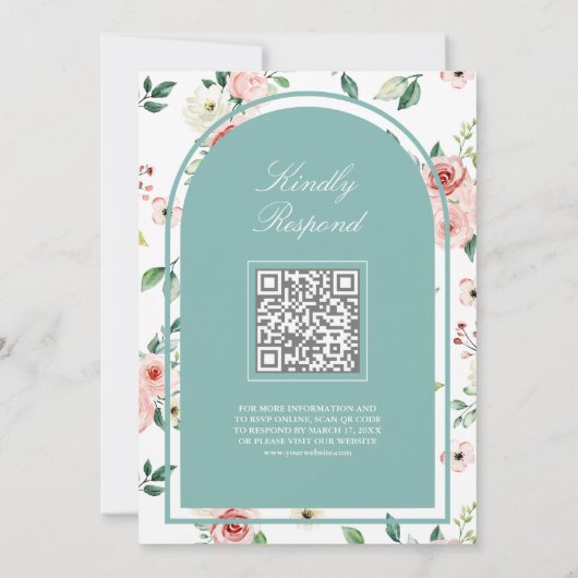 Pink Floral Aquamarin Mint Lace QR Code Muslime Ho Einladung (Rückseite)