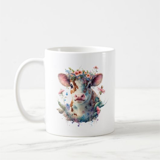 Pink Floral Aquarell Kuh mit Blume Krone Kaffeetasse (Links)