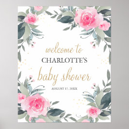 Pink Floral Baby Dusche Begrüßungszeichen Poster