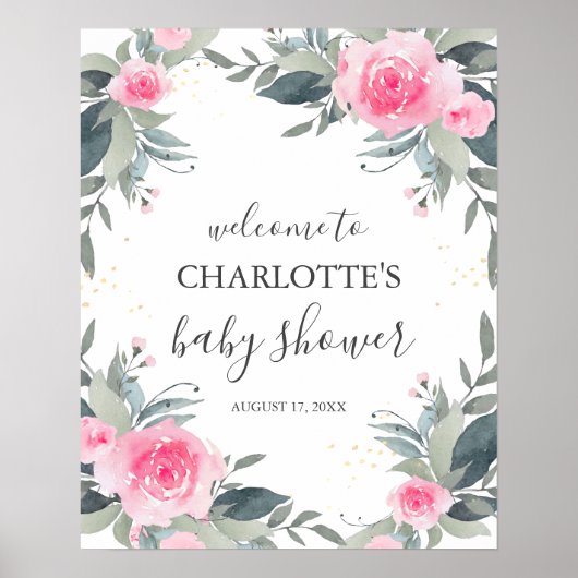 Pink Floral Baby Dusche Begrüßungszeichen Poster (Vorne)