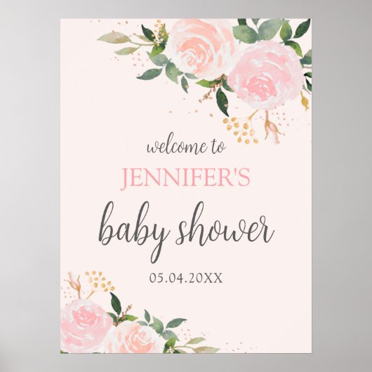 Pink Floral Baby Dusche Empfang Poster (Vorne)