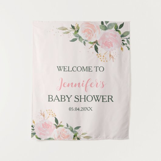 Pink Floral Baby Dusche Empfang Wandteppich (Vorderseite)