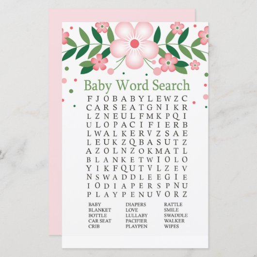 Pink Floral Baby Dusche Word Search Game (Vorne/Hinten)