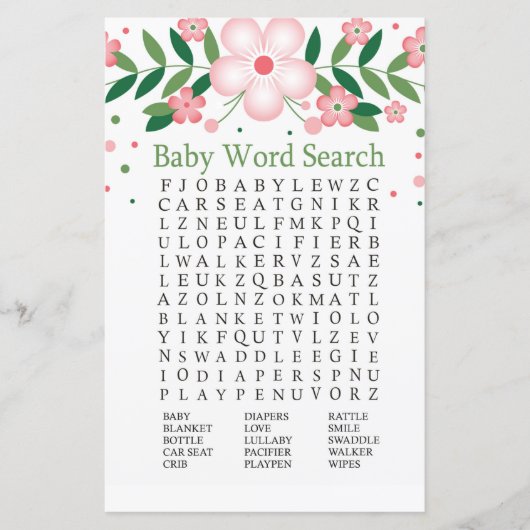 Pink Floral Baby Dusche Word Search Game (Vorderseite)