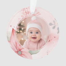 Pink Floral Baby First Christmas Foto Ornament