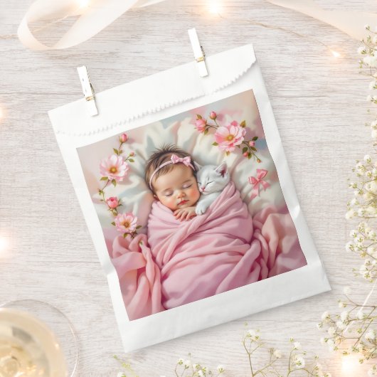Pink Floral Baby Girl and White Kitten Geschenktütchen (Ausgeschnitten)