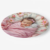 Pink Floral Baby Girl and White Kitten Pappteller (Schrägansicht)