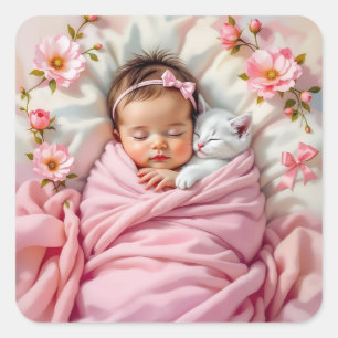 Pink Floral Baby Girl and White Kitten Quadratischer Aufkleber