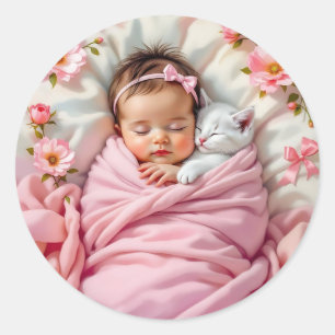 Pink Floral Baby Girl and White Kitten Runder Aufkleber