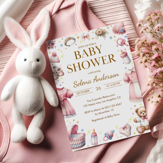 Pink Floral Baby Girl Shower Invitation with Toys  Einladung