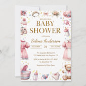 Pink Floral Baby Girl Shower Invitation with Toys  Einladung (Vorderseite)