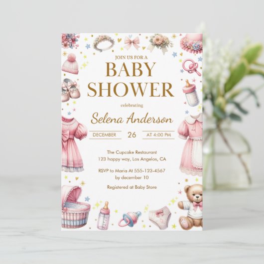 Pink Floral Baby Girl Shower Invitation with Toys Einladung (Stehend Vorderseite)