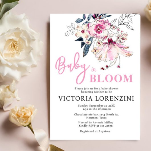 Pink Floral Baby in Bloom Baby Dusche Einladung
