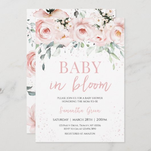 Pink Floral Baby in Bloom Baby Dusche Einladung (Vorne/Hinten)